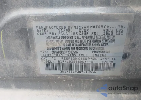 2022 Nissan Sentra Sv Xtronic Cvt из США, поврежденный, VIN 3N1AB8CV3NY313516